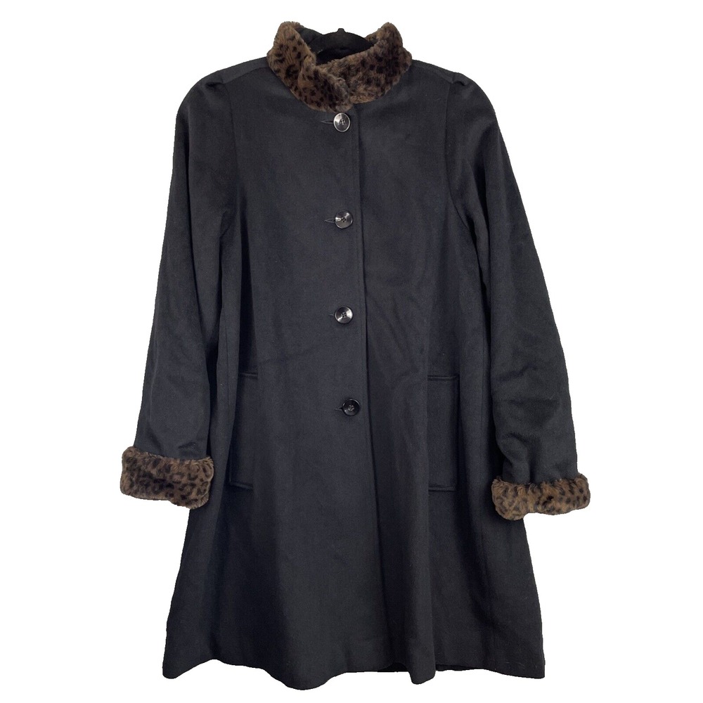 Lorovi Wool coat‎ Womens 4 Black Leopard Faux Fur Trim Old Money Vintage Elegant